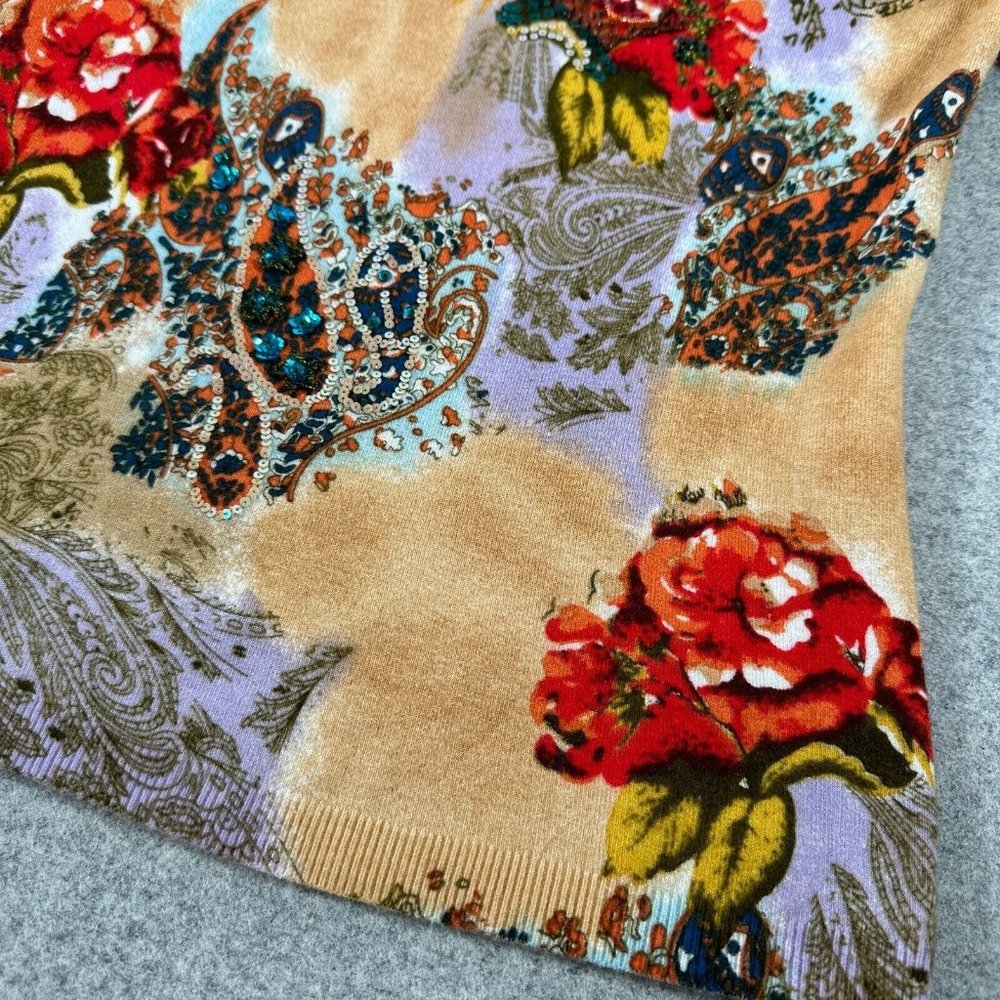 Vintage Y2K Newport News‎ Womens Top Sweater Medium Floral Scoop Neck Sequin - Picture 12 of 14